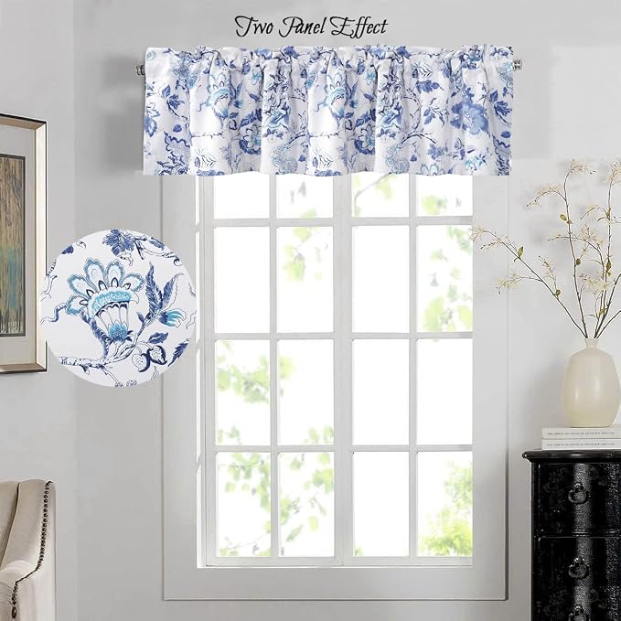 H.VERSAILTEX Blackout Curtain Valances for Kitchen Window/Living Room/Bathroom Privacy Added Rod Pocket Home Decoration Winow Valance, 52" W x 18" L, Flroal in Blue and White (Pack of 4) - Image 3