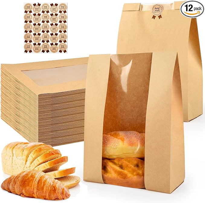 12 Pcs Bread Bags for Homemade, ROOKEA Sourdough Bread Bags with Window for Baked Paper Packaging with Sealing Stickers Bakery Cookie Food Snack Storage Large Kraft Paper 13.7x8.2x3.5 inch by ROOKEA