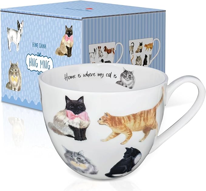Cute Cat Mugs for Daily Coffee and Tea, Premium 20 oz Bone China Coffee Tea Hug Mug, Perfect Holiday, Birthday, and Christmas Gift for Cat Lovers, Designed in England by Harvest Green Studio - Image 2