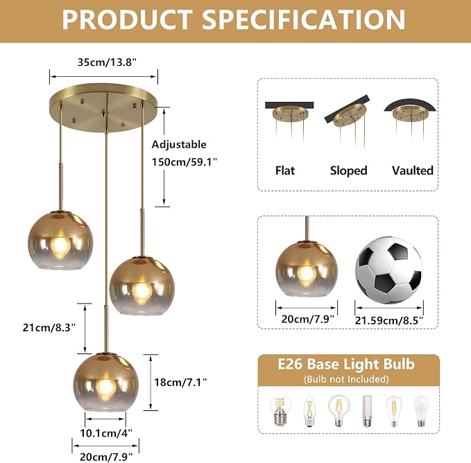 KCO Lighting 3 Light Globe Cluster Pendant Light Modern Glass Cluster Chandelier Gold Glass Pendant Light Fixture Mid Century Dining Room Chandelier Multi Pendant Light Fixture - Image 2