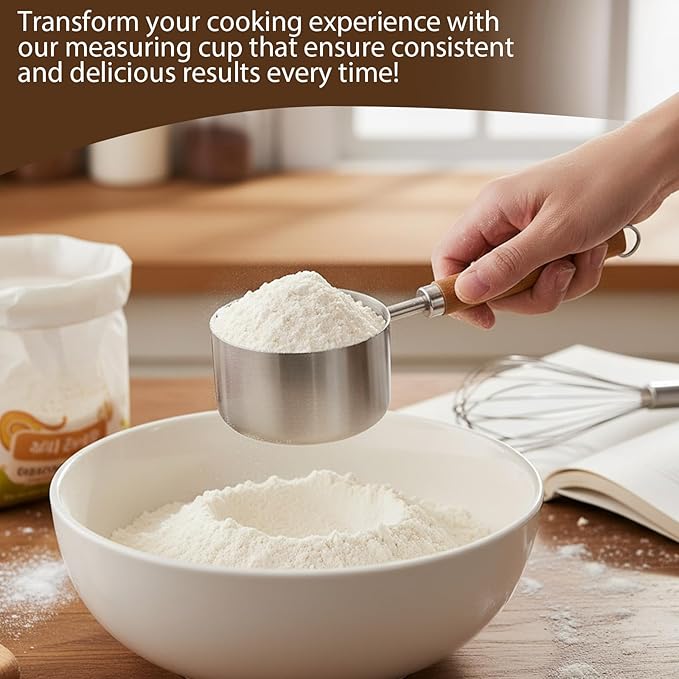 Measuring Cup with Wooden Handle, 1 Cup Stainless Steel Measure Scoop 250 ml Dog Cat Food Scoop for Wet and Dry Ingredients