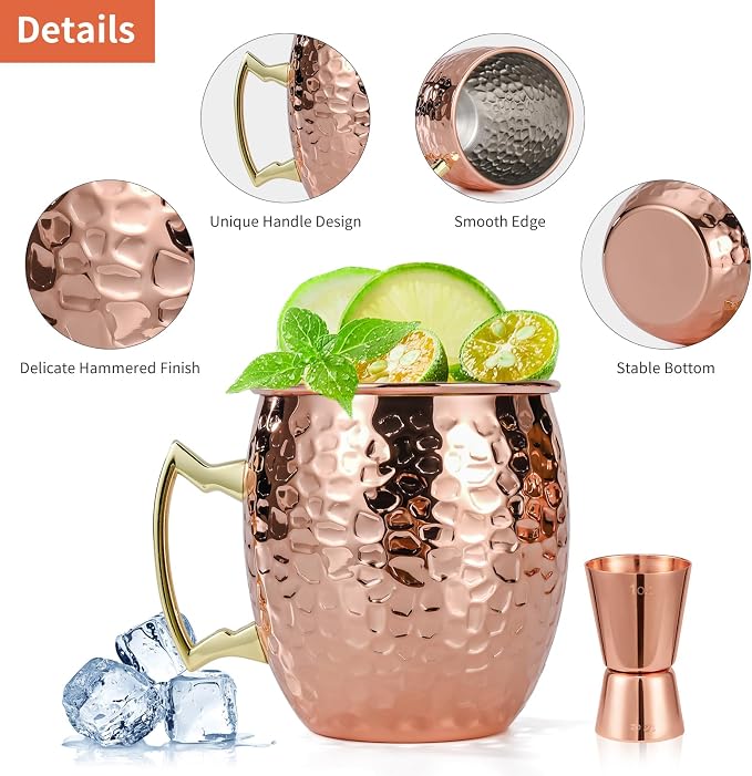 Amrules Moscow Mule Mugs Set of 4, 16 OZ Hammered Copper Cups with 304 Stainless Steel Lining and Gold Brass Handles, Includes Straws, Opener, Jigger, Brush, Fit for Cold Drinks, Bars, Parties - Image 4