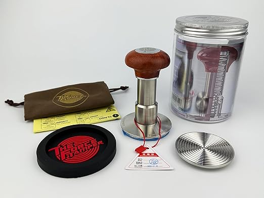 The Force Tamper Automatic Impact Adjustable Constant Pressure and Autoleveling Coffee Tamper Reddish Brown Jellyfish Wooden Handle Set Pro (Extend Set, 58.50mm)