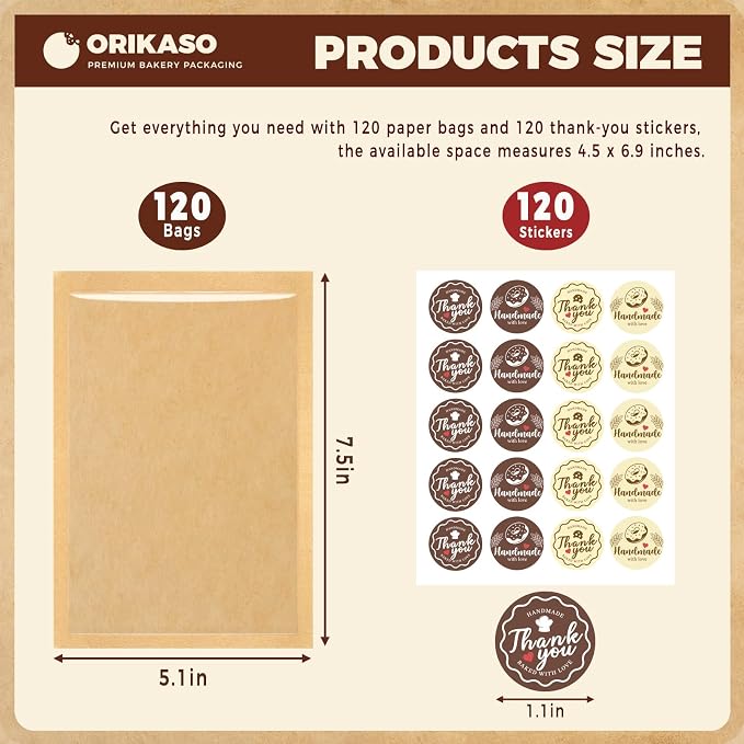 120PCS Cookie Bags with Seal, 5.1 x 7.5 Inch Cookie Packaging with Stickers | Heat Sealable & Grease Resistant Paper Bakery Bags with Window, Pastry Bags for Bake Sale Treat Scone Donut Brownie - Image 2