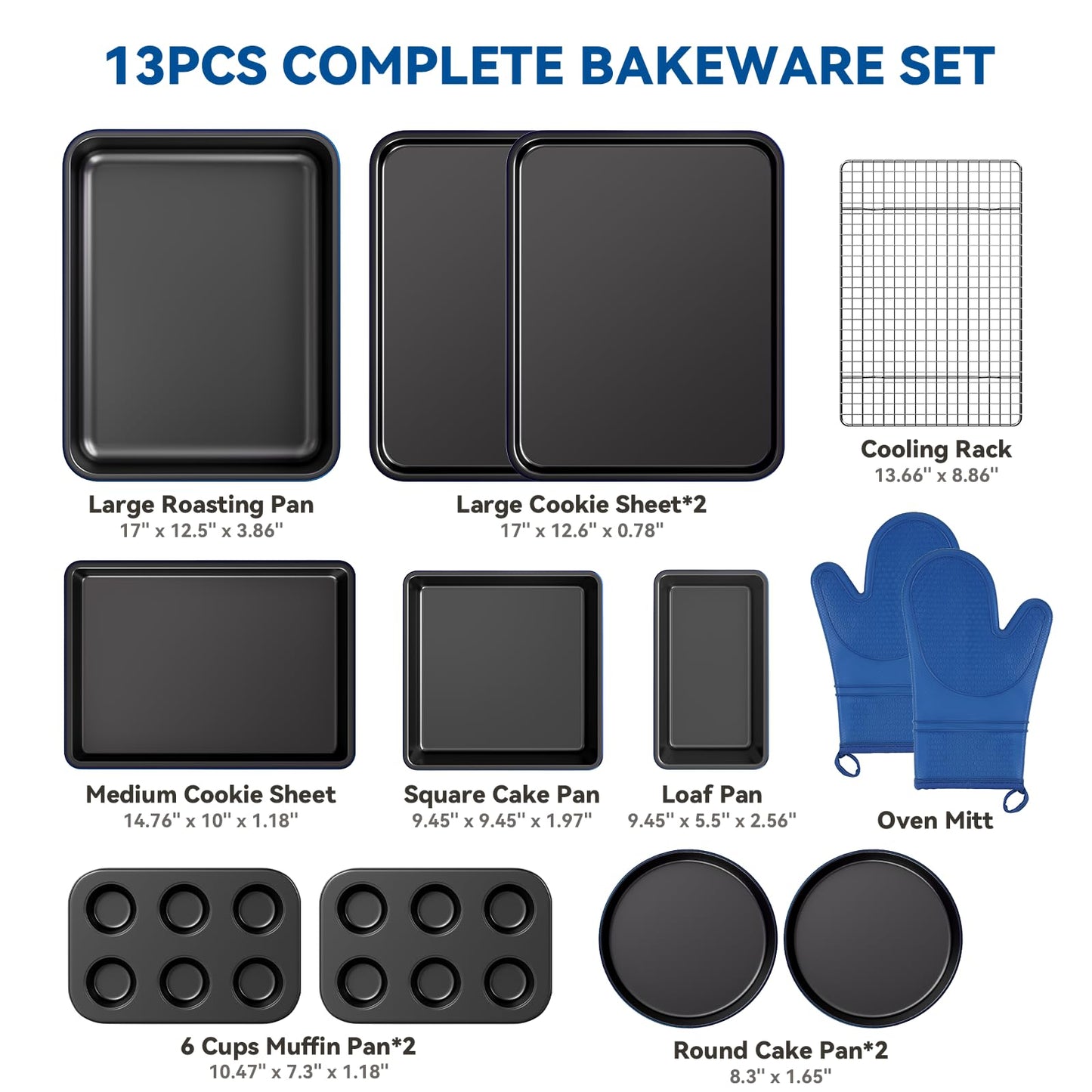 Wildone 13-Piece Baking Pans Set Nonstick - Stackable Bakeware Sets Including Cookie Sheets for Baking, Rack, Muffin Pan, Cake pan, Loaf Pan, Roasting Pan, Heavy Duty & Easy Clean, Plum