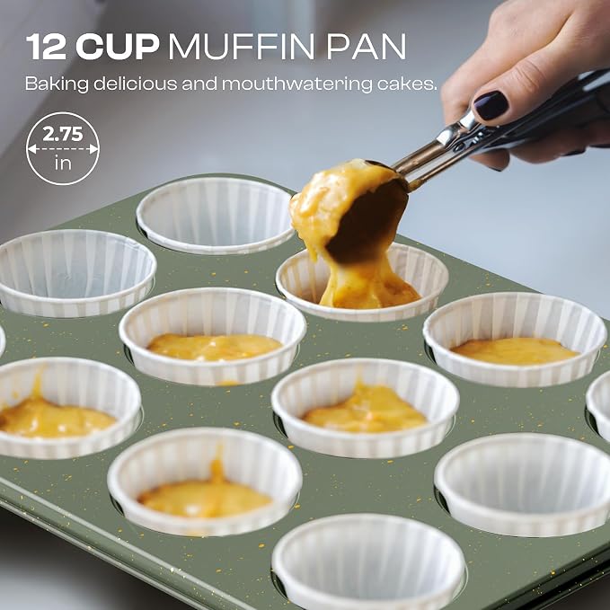 8-Piece Nonstick Bakeware Set, Stackable Oven Pan Set, Baking Pans Set | Includes Baking Sheet, Muffin Pan, Cake Pan, Square Pan, Loaf Pan, Cookie Sheet & Cooling Rack (Ceramic Coated Green) - Image 4