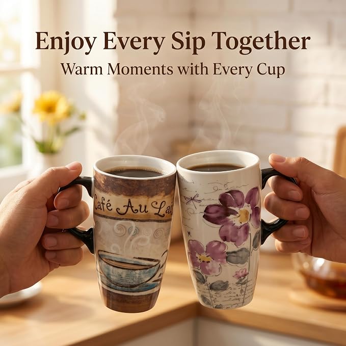Topadorn Set of 2 Ceramic Travel Mugs with Lids, 17oz Coffee Mug Set | Vintage Café & Floral Artwork • 17oz Capacity • Comfortable Handles • Microwave & Dishwasher Safe • Gift Box Included - Image 9