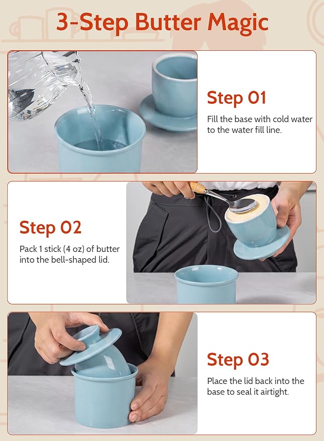Sweese Counter with Water Line for Fresh Spreadable Butter - French Butter Keeper with Lid - Housewarming Gift For The One Who Has It All - Bluish Grey - Image 4
