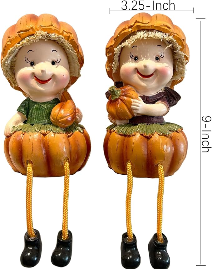 KiaoTime Fall Thanksgiving Scarecrow Pumpkin Shelf Sitters with Dangling Legs Decoration, Set of 2 Fruit Harvest Sculpture for Window Sill Kitchen Tabletop Autumn Home Decoration - Image 3