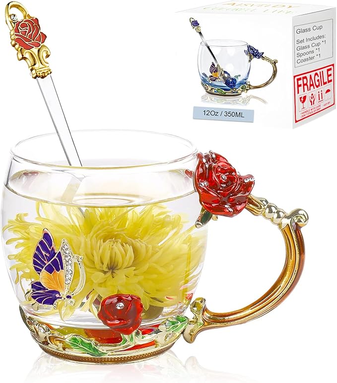 Flower Tea Cup,Butterfly Daisy Glass Fancy Coffee Mug with Spoon,Gift Box for Her Mom Wife Grandma Girls Friends Valentines Christmas Birthday Present Idea for Juice,Hot/Cold Drinks Use (Red rose)