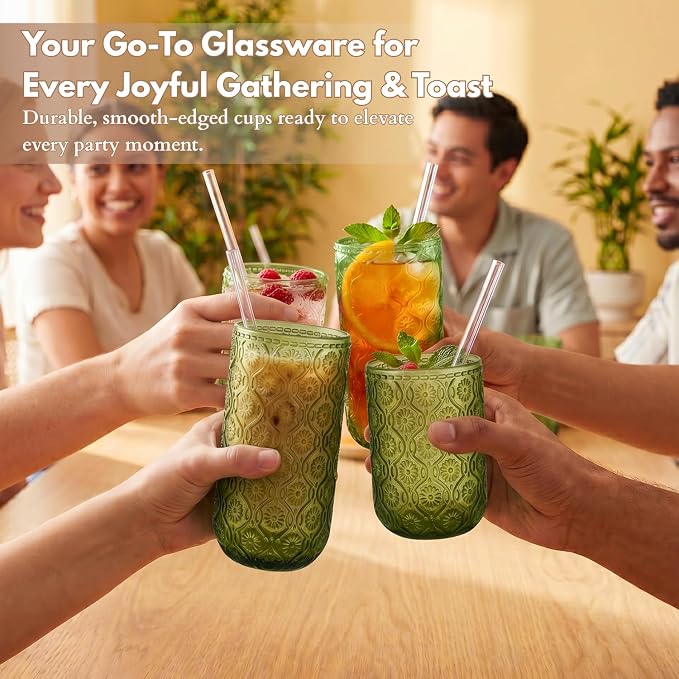 Green Drinking Glasses Set of 8, 12 Oz Highball & 10 Oz Cocktail Glasses with Straws, Thick Glass Iced Coffee Cups, Floral Embossed Kitchen Vintage Glassware Set for Water, Beer, Juice, Whiskey - Image 5