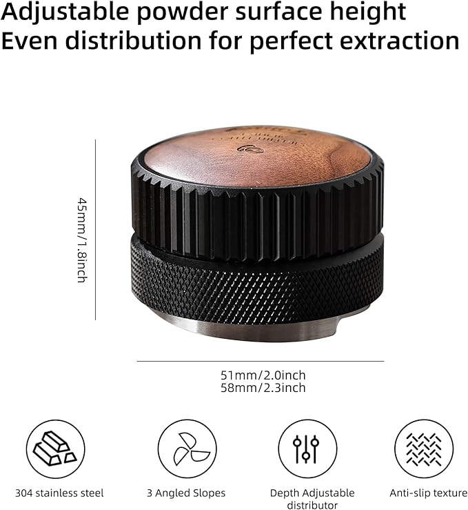 Bincoo 58mm Espresso Distributor Hand Tamper - Adjustable Coffee Leveler Tool for 58mm Portafilter, Walnut Wood Lid, 3-Slope Base Adjustable Depth Espresso Distributor for Barista(58MM Black)