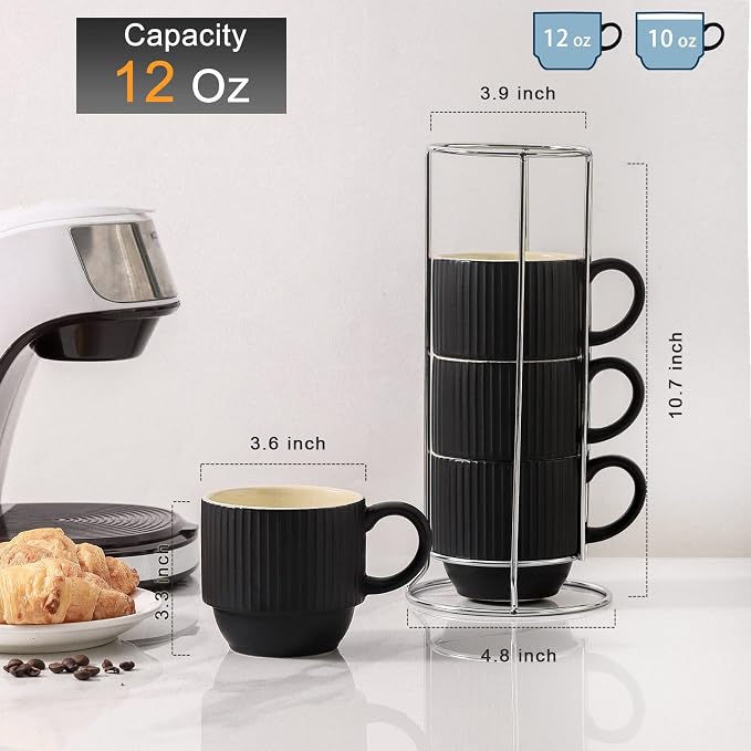Hasense Black Coffee Mug Porcelain Set of 4 with Rack - 12 oz Stackable Coffee Cups Ceramic, Modern Ribbed Latte Cup Sets for Cappuccino, Tea, Espresso, Hot Cocoa, Drinks - Dishwasher & Microwave Safe - Image 3