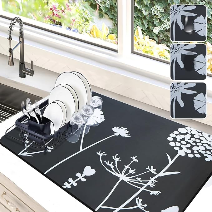 Dish Drying Mat for Kitchen Counter, 16"x24" Rubber Backed (Gray Daisy) | Hide Stain Anti Absorbent for Kitchen Counter, Non-slip Drying Mat for Coffee Machine Dish Rack by Etomiel