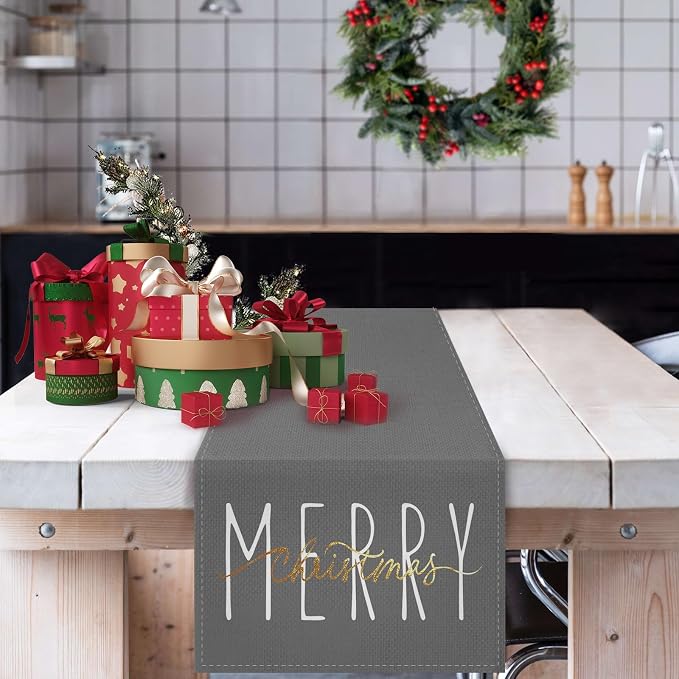 ONWAY Merry Christmas Gold Table Runner Winter Xmas Holiday Kitchen Dining Farmhouse Table Decor for Indoor Outdoor Home Party Decorations 13x72 Inch Grey - Image 2