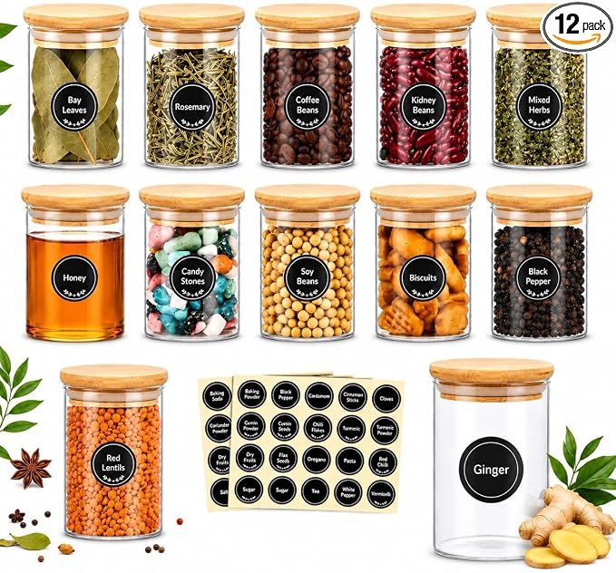 Glass Spice Jars 12 Pack with Bamboo Lids and Labels, Glass Jars, 8.5 oz Airtight Glass Jars for Spices, Herbs, Salt, Pepper, Coffee & Tea, Clear Kitchen Pantry Storage by Unknown