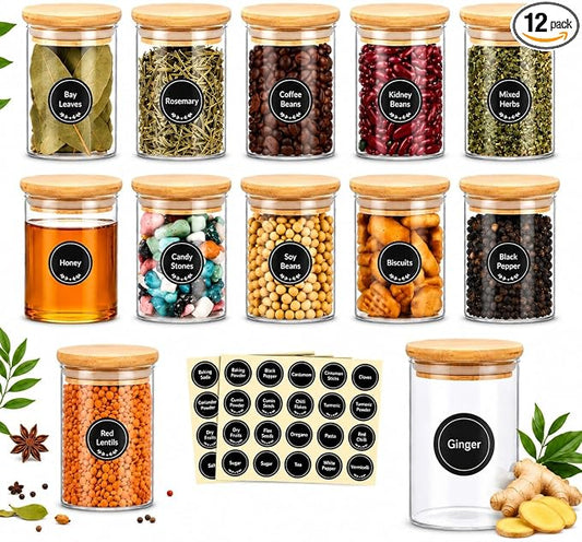 Glass Spice Jars 12 Pack with Bamboo Lids and Labels, Glass Jars, 8.5 oz Airtight Glass Jars for Spices, Herbs, Salt, Pepper, Coffee & Tea, Clear Kitchen Pantry Storage by Unknown