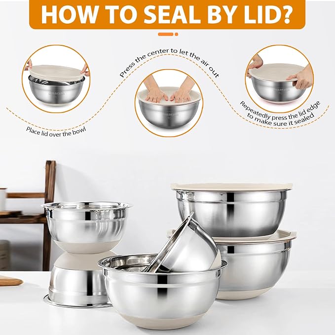 Mixing Bowls with Airtight Lids, 18pcs Stainless Steel Mixing Bowls Set | Nesting Non-slip Silicone Bowls Bottom, Size 4.5, 3.6, 2.7, 2.1, 1.7, 1.1, 0.7 qt, Fit for Mixing & Serving(Khaki) - Image 4