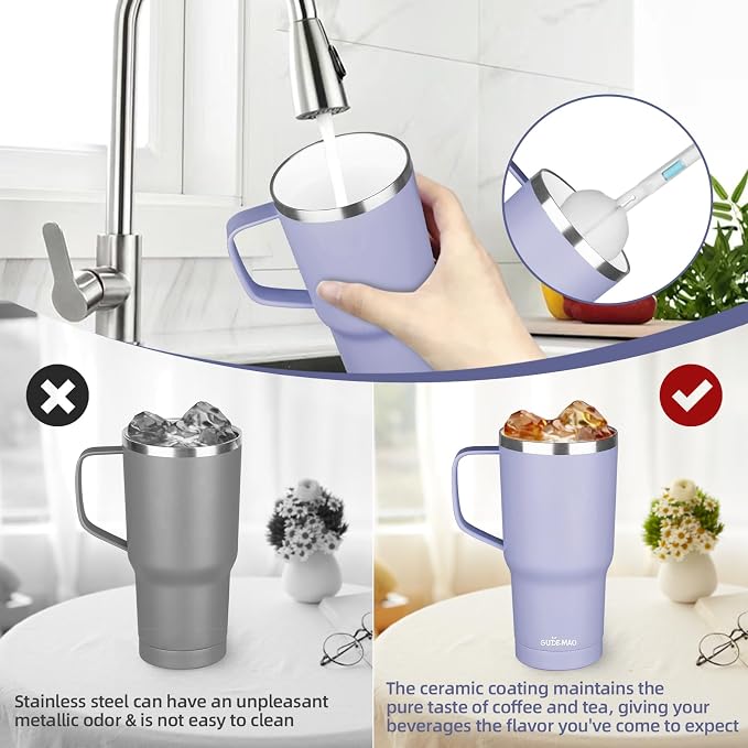 20 oz Insulated Coffee Mug with Ceramic Coating, Stainless Steel Travel Mug Tumbler with Handle Lid and Straw, Double Wall Leak-Proof Coffee Travel Mug Keeps Drink Hot and Cold (Light Purple) - Image 5
