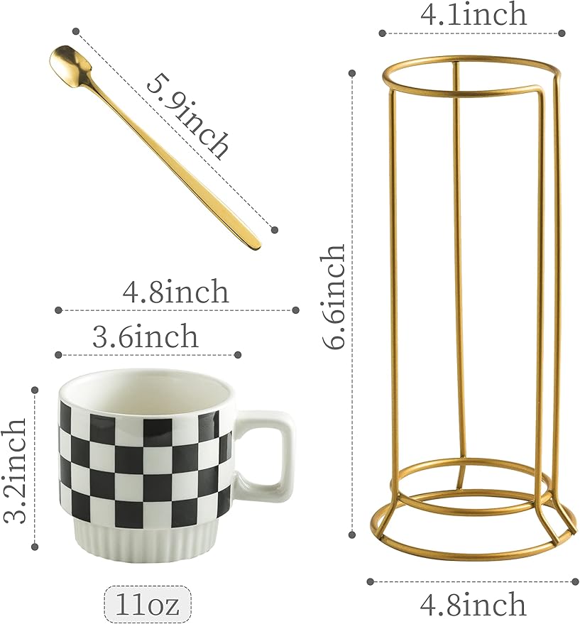 Miamolo Stackable Coffee Mug Set of 4 with Rack and Spoons, Space-saving | 11 oz, Ceramic | Checkered Black and White Pattern | for Coffee Tea Cocoa Milk, Housewarming Gift | Dishwasher Microwave Safe - Image 2