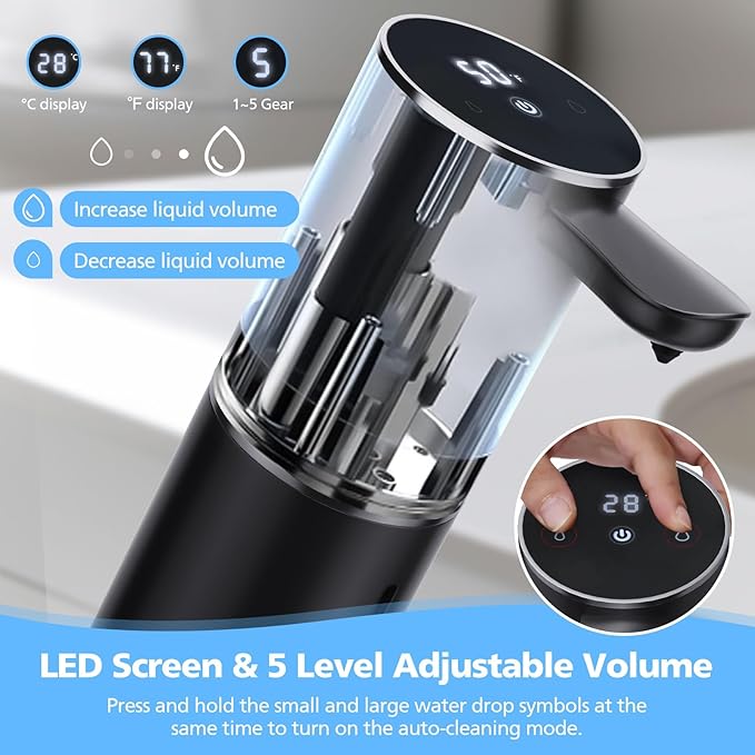 Automatic Foaming Soap Dispenser Touchless, 15.55 oz/460mL USB C Rechargeable Hand Sanitizer Dispenser with Auto Clean, 5 Adjust Volume,°C&℉ display, Waterproof Pump for Bathroom Kitchen (Black)
