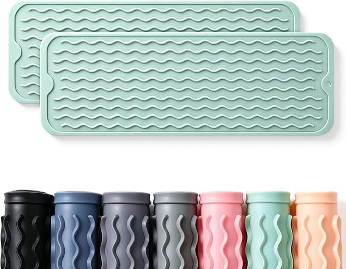 2 Pack Caketime Silicone Dish Drying Mat for Kitchen Counter Under Bathroom Sink Near Faucet Absorbent for Dishes Water Heat Resistant Pad with Soap Holder Decor essentials 17inchx6inch Green by CAKETIME