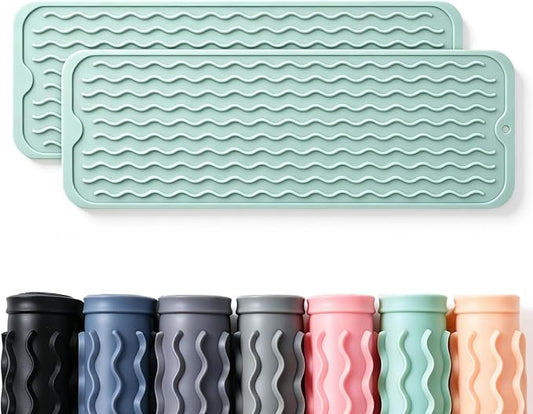 2 Pack Caketime Silicone Dish Drying Mat for Kitchen Counter Under Bathroom Sink Near Faucet Absorbent for Dishes Water Heat Resistant Pad with Soap Holder Decor essentials 17inchx6inch Green by CAKETIME