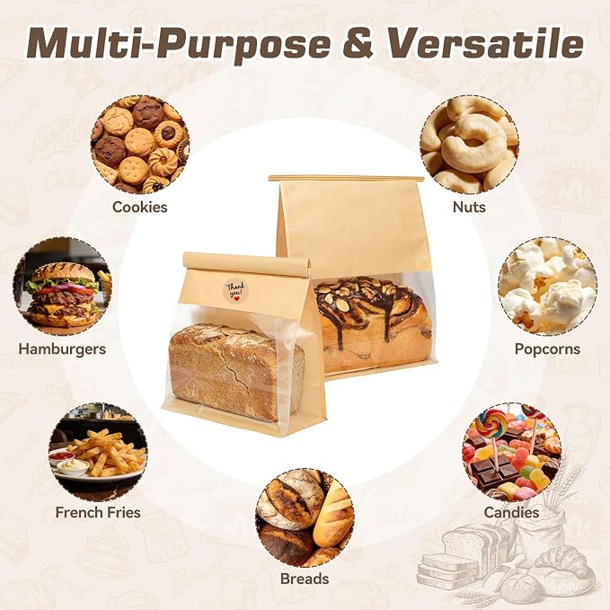 60 Count Bread Bags, Heavy Duty Kraft Bags with Tin Tie Tab Lock & Clear Window 11"x8.7"x4.3", Bakery Storage Bags with 72 Handmade Stickers - Image 5