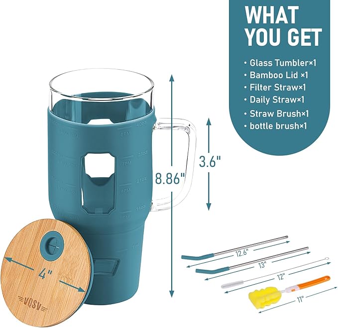 Glass Cups with Handle and Bamboo Lids - 40oz Tumbler with Stainless Steel Straw | Glass Water Bottle with Silicone Sleeve for Coffee, Smoothi, Hot, Cold Drinks for Travel/Office/Home (Dark Blue)
