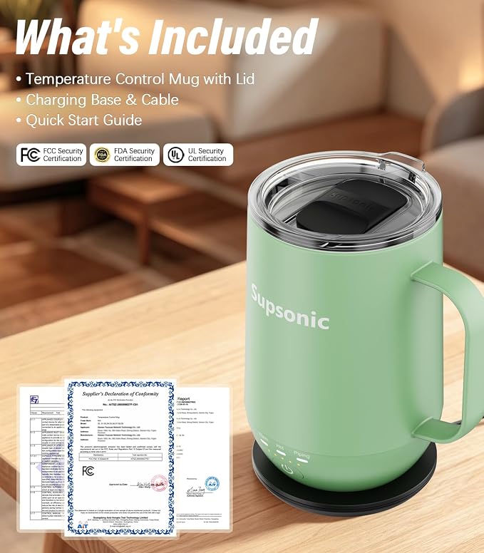 Supsonic - 16oz Self Heating Coffee Mug, Smart Heated Coffee Mug Faster Direct-Contact Heating Up to 149°F, Coffee Mug Warmer Set with Auto Shut-Off - Gifts for Men Women | S2 - Image 8