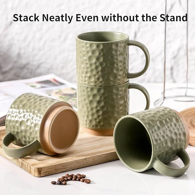 Nihow 16 Oz Ceramic Coffee Mug Set of 4 with Stackable Stand,Matte Green | Stackable, Stainless Stand Included, Cappuccino & Tea, Hot/Cold Drinks, Dishwasher & Microwave Safe - Image 6