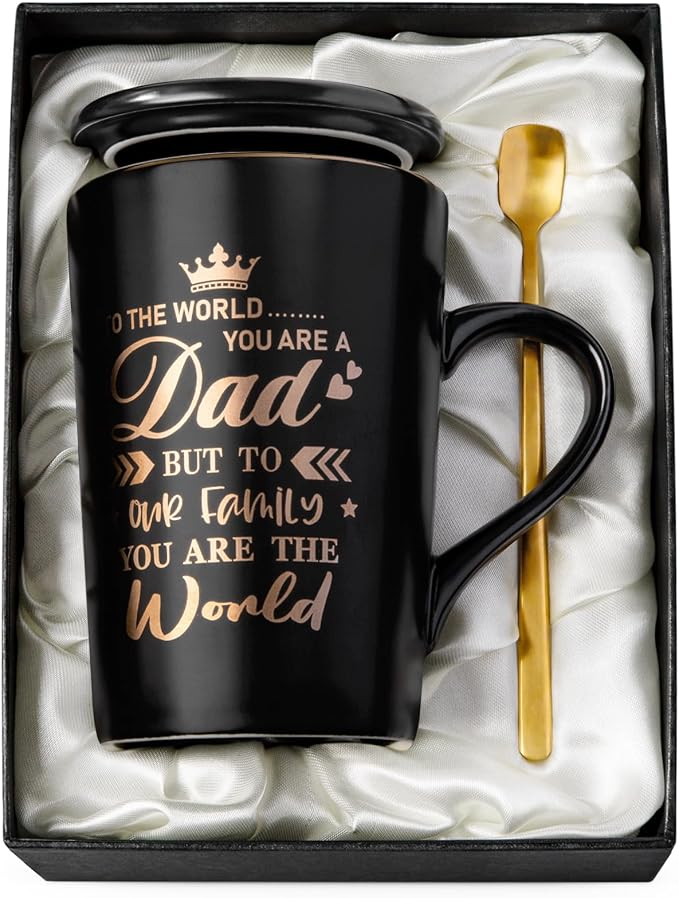 Birthday Dad Gifts from Daughter Son, 14Oz Coffee Mug Print Real Gold | Unique Matte Black Ceramic Cup With Lid Spoon Card Nice Box - Christmas Birthday Fathers Day Gifts for Dad Husband Stepfather by Biching