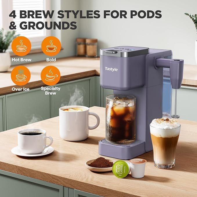 Tastyle Single Serve Coffee Maker with Built-in Detachable Milk Frother | For K Cups & Grounds, 40oz Removable Water Tank, 6 Brew Sizes, 2 Drip Trays, BPA Free, Fits 7.3" Travel Mug, K330MF, Purple - Image 3