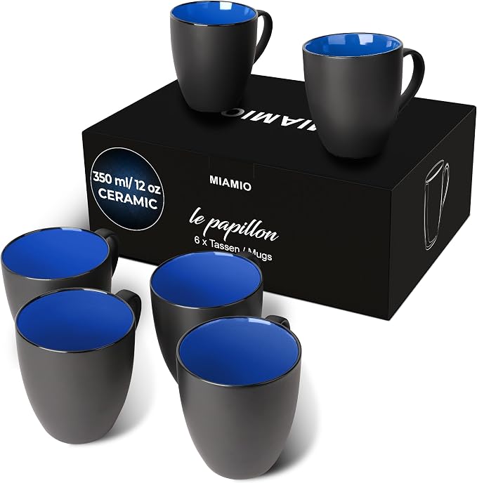 MIAMIO - Coffee Mugs Set of 6 (12 oz) - Le Papillon (Blue) - Modern Home | Ceramic coffee mugs for coffee, cappuccino and tea, 12 oz for everyday use - dishwasher safe - practical for daily use by MIAMIO