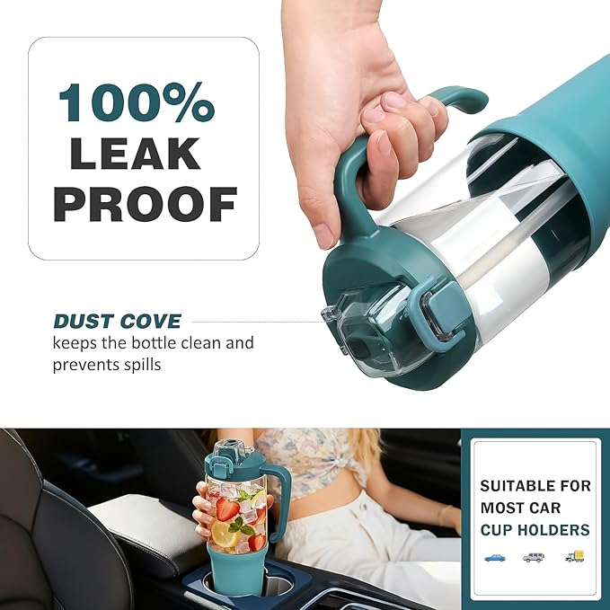 32 oz Glass Tumbler with Handle, 2-in-1 Straw and Sip Spout, Leakproof, BPA-Free Glass Water Bottle for Sports, Office, School, Peacock Blue