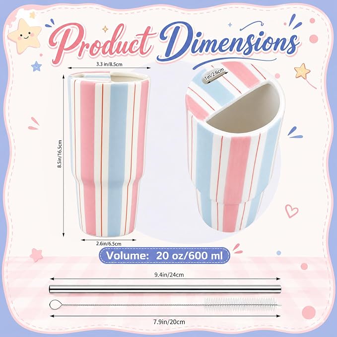 Large Ceramic Coffee Mug with Sip Hole 20 oz Pastel Striped Travel Cup with Straw and Cleaning Brush Coffee Espresso Latte Tea Cup for Kitchen Dining Birthday Gift - Image 2
