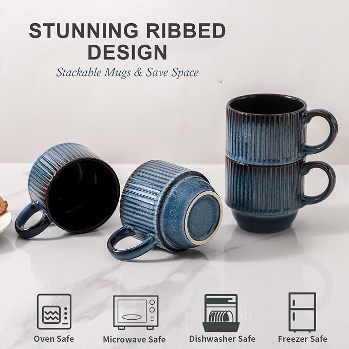 Hasense Navy Coffee Mugs Porcelain Set of 4 with Rack - 12 oz Stackable Coffee Cups Ceramic, Modern Ribbed Latte Cup Sets for Cappuccino, Tea, Espresso, Hot Cocoa, Drinks - Dishwasher & Microwave Safe - Image 4