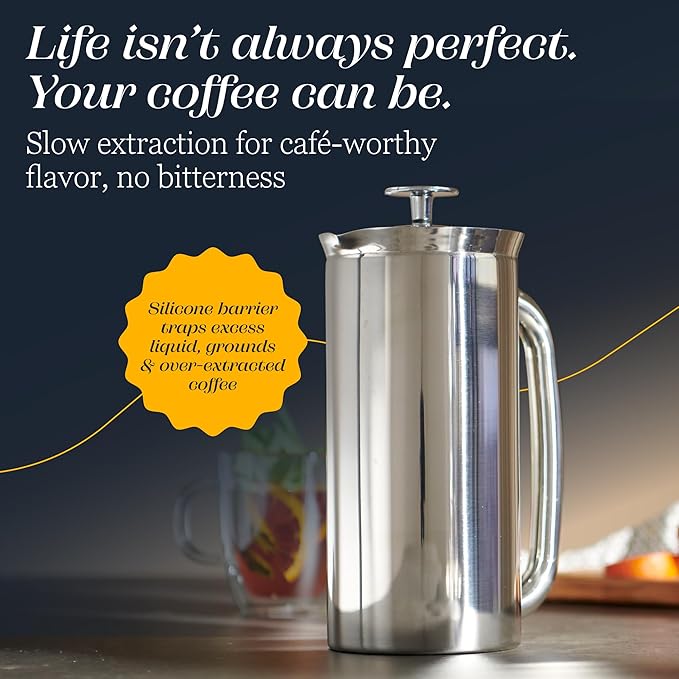 ESPRO P7 Polished French Press Stainless Steel 304 – Patented Double Walled Micro-Filter Insulated French Press Coffee Maker, Grit-Free Brew - Heat Resistant BPA Free (18oz)