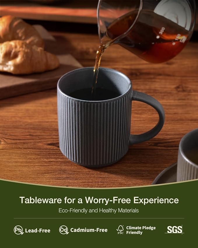 famiware Coffee Mug Set for 8, Star 12 oz Catering Mugs Cup Set with Handle for Coffee, Tea, Cocoa, Milk - Ceramic Stoneware Drinkware Set, Matte Dark Charcoal - Image 2