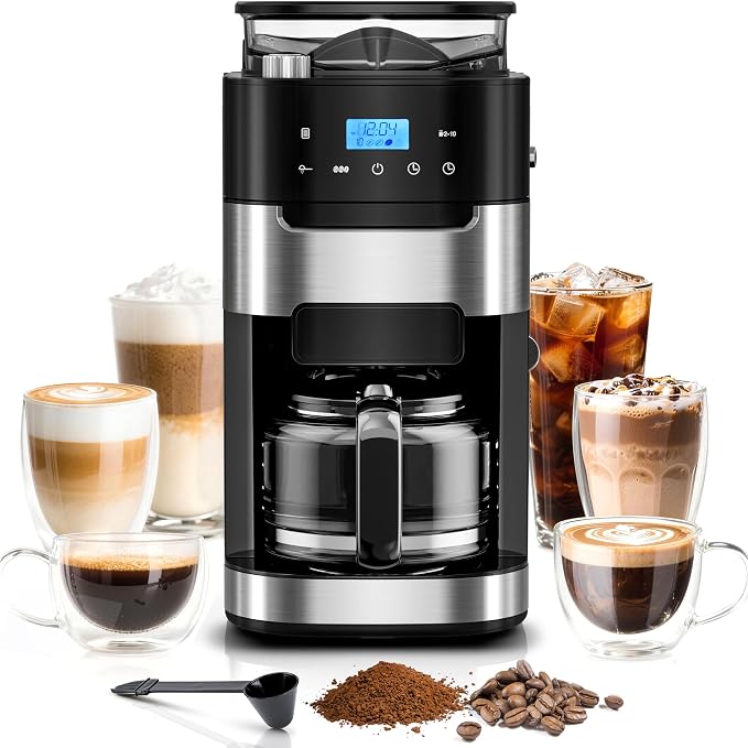 Kismile 10 Cup Drip Coffee Maker with Grinder Built In, Descaling Alert | Adjustable Grind & Brew Strength, 24H Timer, 2H Keep Warm, Reusable Filter & Glass Carafe by Kismile