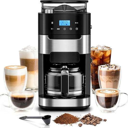 Kismile 10 Cup Drip Coffee Maker with Grinder Built In, Descaling Alert | Adjustable Grind & Brew Strength, 24H Timer, 2H Keep Warm, Reusable Filter & Glass Carafe by Kismile