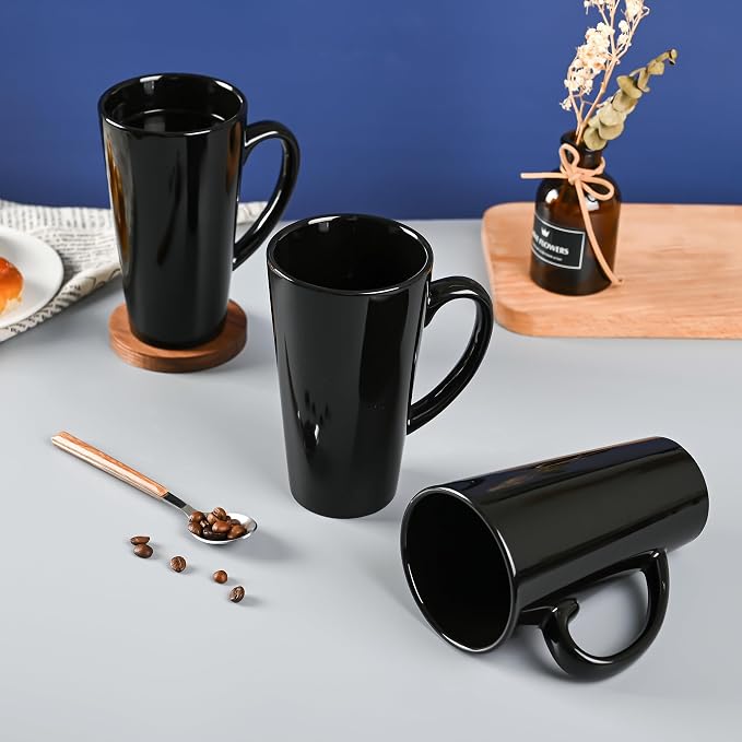 BYCNZB 16oz black Funnel Ceramic Tall Coffee Mugs for Coffee, Tea, Cocoa, Latte, Milk set of 4(Black) - Image 6