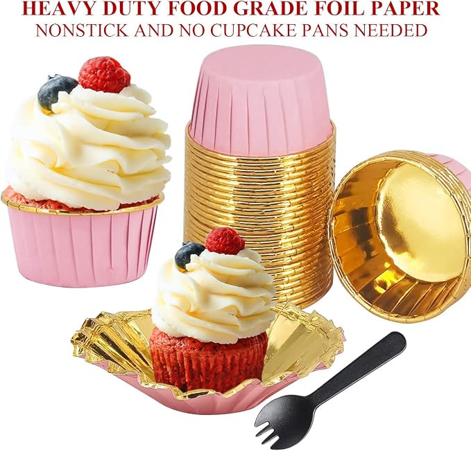 Cupcake Liners with Lids 50 Pack,LNYZQUS 5oz Large Foil Cupcake Cups Muffin Tins,Disposable Baking Cups Muffin Liners Wrappers Holders for Wedding Valentine-Pink in gold - Image 4