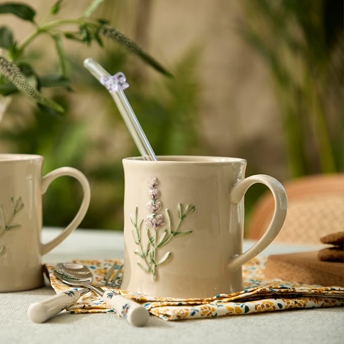 Artisanal Handcrafted Ceramic Mug with Sage Botanical Design - 10oz Off-White Stoneware Coffee Cup, Elegant Purple Sage Pattern, Dishwasher Safe, Comfort Grip Handle for Daily Use-4pack - Image 8