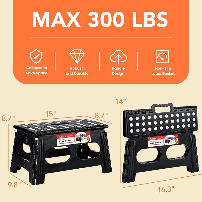 ACSTEP 9 Inch Folding Step Stool, 15 Inch Extra-Wide, 300 lbs, 2 Pack | Non-Slip Heavy Duty Foldable Step Stool for Kids and Adults, Extra-Wide for Comfort and Stability, for Bathroom and Kitchen - Image 2