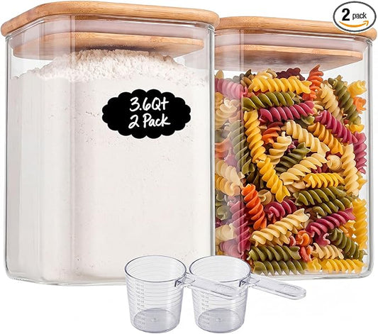 2-Pack 3.4Qt Large Glass Flour Sugar Storage Containers with Lids | Wide Mouth Design, With Measuring Cups, Minimalist Kitchen Organizer,Scandinavian Style Storage,Nordic Style Storage by Unknown