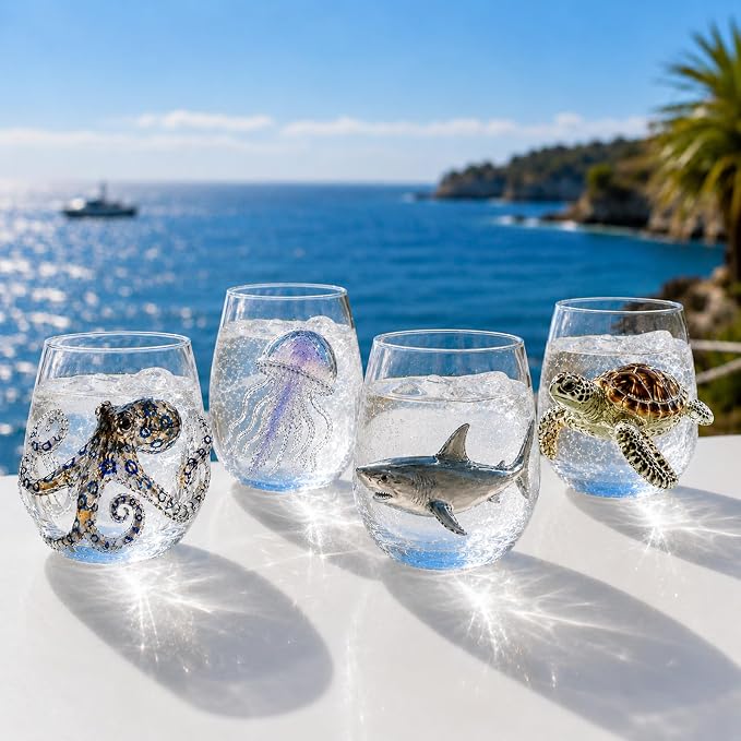 Coastal Stemless Wine Glasses Set of 4, 12oz 3D Ocean Animal Artisan Glassware Collection with Unique Sea Life Designs (M - Set of 4) by Lifmagic