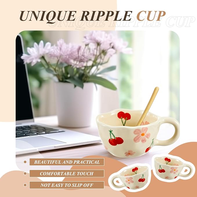 Vesici 2 Pcs Ceramic Coffee Mugs with Spoon, Vintage Floral Spring Mugs with Handle, 8.5 oz Aesthetic Flower Porcelain Tea Cup Set, Dishwasher & Microwave Safe Mothers Day Gifts for Mom(Cherry) - Image 5