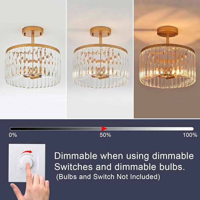 12" Gold Semi Flush Mount Crystal Ceiling Light Fixtures for Kitchen Modern Industrial 2-Light Small Chandeliers Lighting for Bedroom Entryway Hallway Living Dining Room Foyer - Image 4