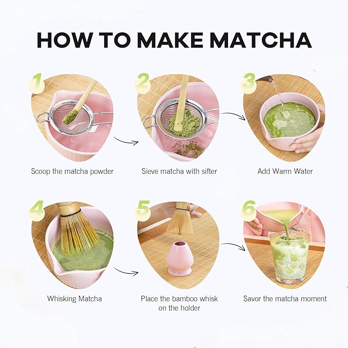 Pink Traditional Matcha Whisk Set, 5 Pcs Japanese Matcha Making Kit with Chawan, Chasen Bamboo Whisk and Holder, Scoop, Sifter - Ceramic Matcha Set Kit Gift for Ceremony Matcha Lattes Lover